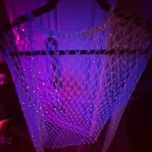 STUNNING MULTI COLOR SEQUIN SPARKLY WHITE LACE SEE THRU LONG SLEEVE KNIT SWEATER